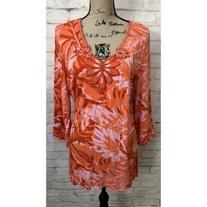 Soft Surroundings Med Tropical Palm‎ Beaded Tunic Top Del Rio Orange resortwear